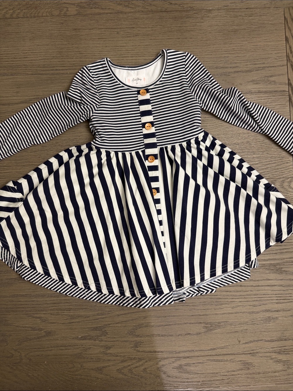 SweetHoney Navy and White Striped Twirl Dress with Wooden Buttons